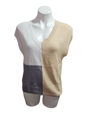 Colorblock V-Neck Knit Sweater Vest - Beige, White, Gray